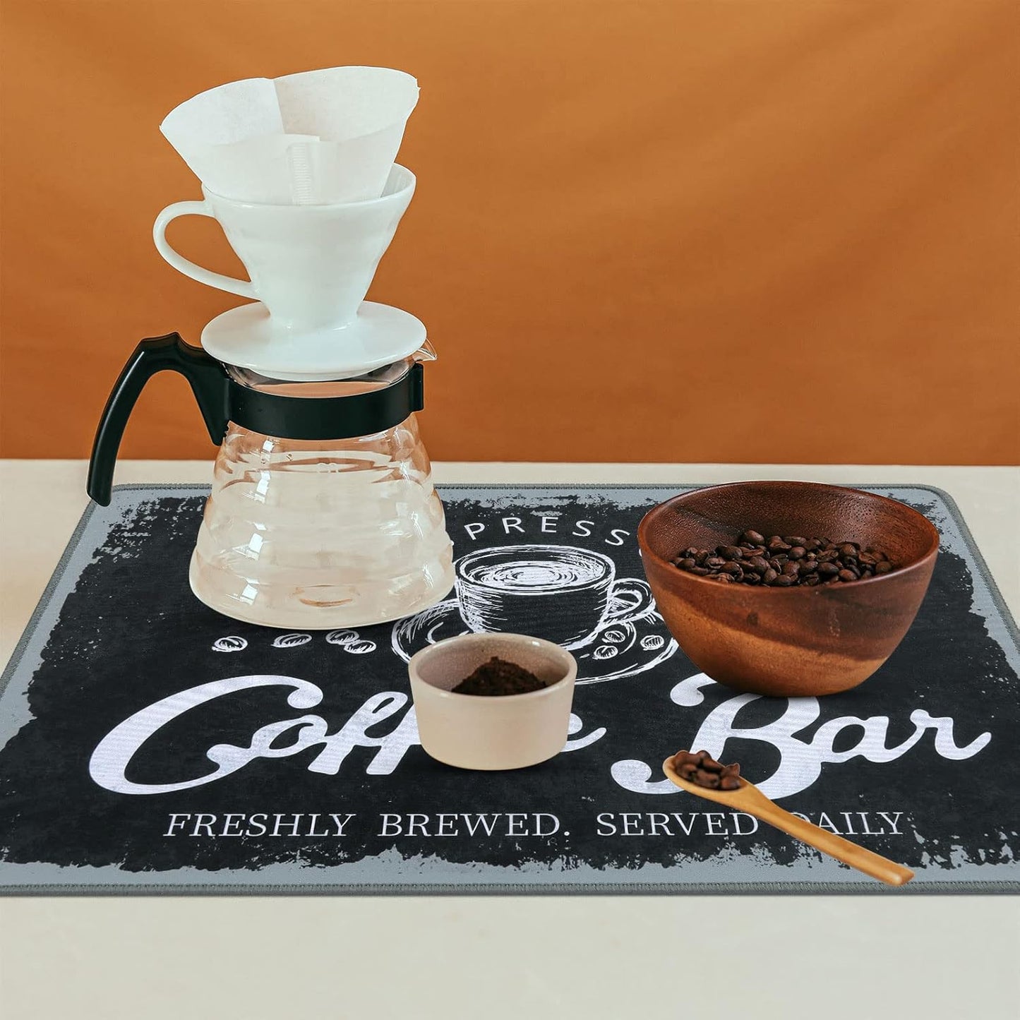 SHACOS Coffee Mat 2-Pack 12x19 Inch Absorbent Non Slip Coffee Maker Mats for Countertop Coffee Bar Accessories Dish Drying Mat Waterproof Heat Resistant, Vintage Black