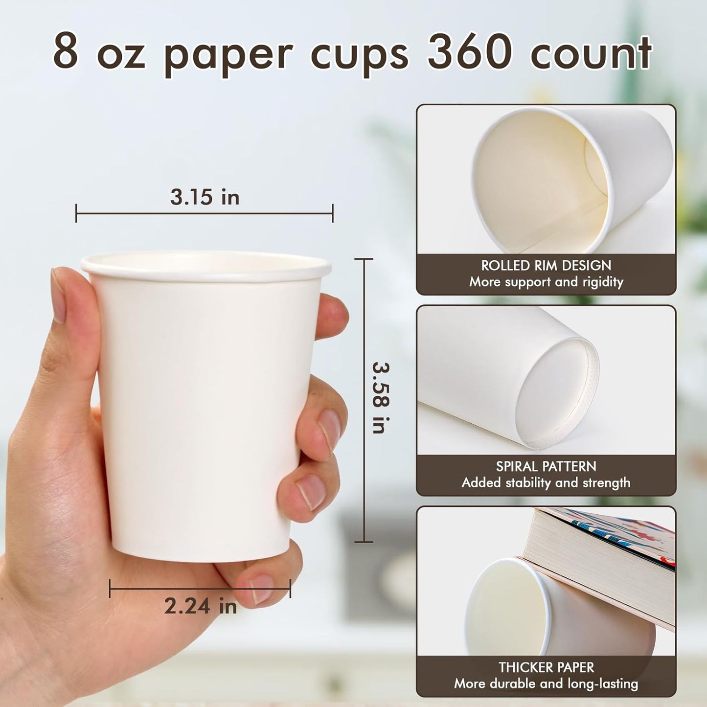 360 Count 8 oz Paper Cups, Disposable Paper Coffee Cups 8 oz,Hot Beverage Drinking Cups for Water Juice or Tea,Perfect for Office Home Party