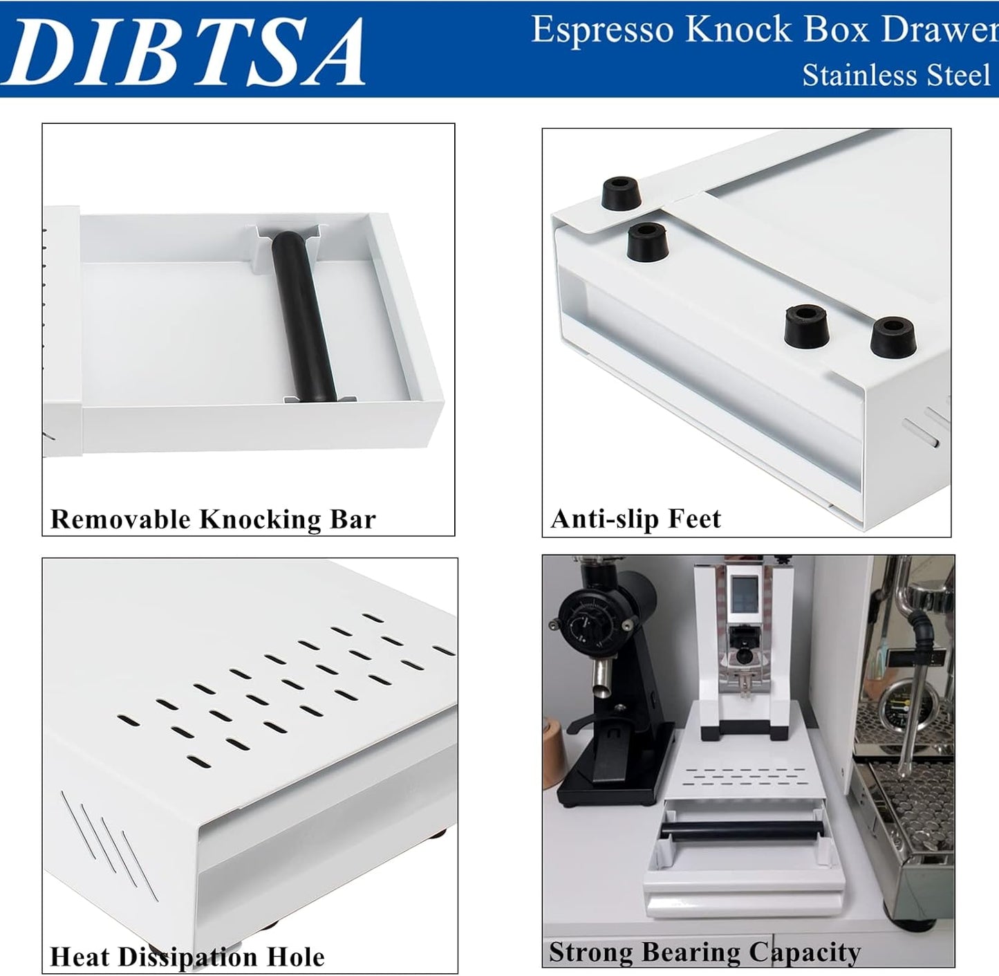 Espresso Knock Box Drawer, Stainless Steel High Bearing Capacity Coffee Knockbox For Home and Commercial Use, Middle Size 13.77 x 9.84 x 3.54 inch (White)