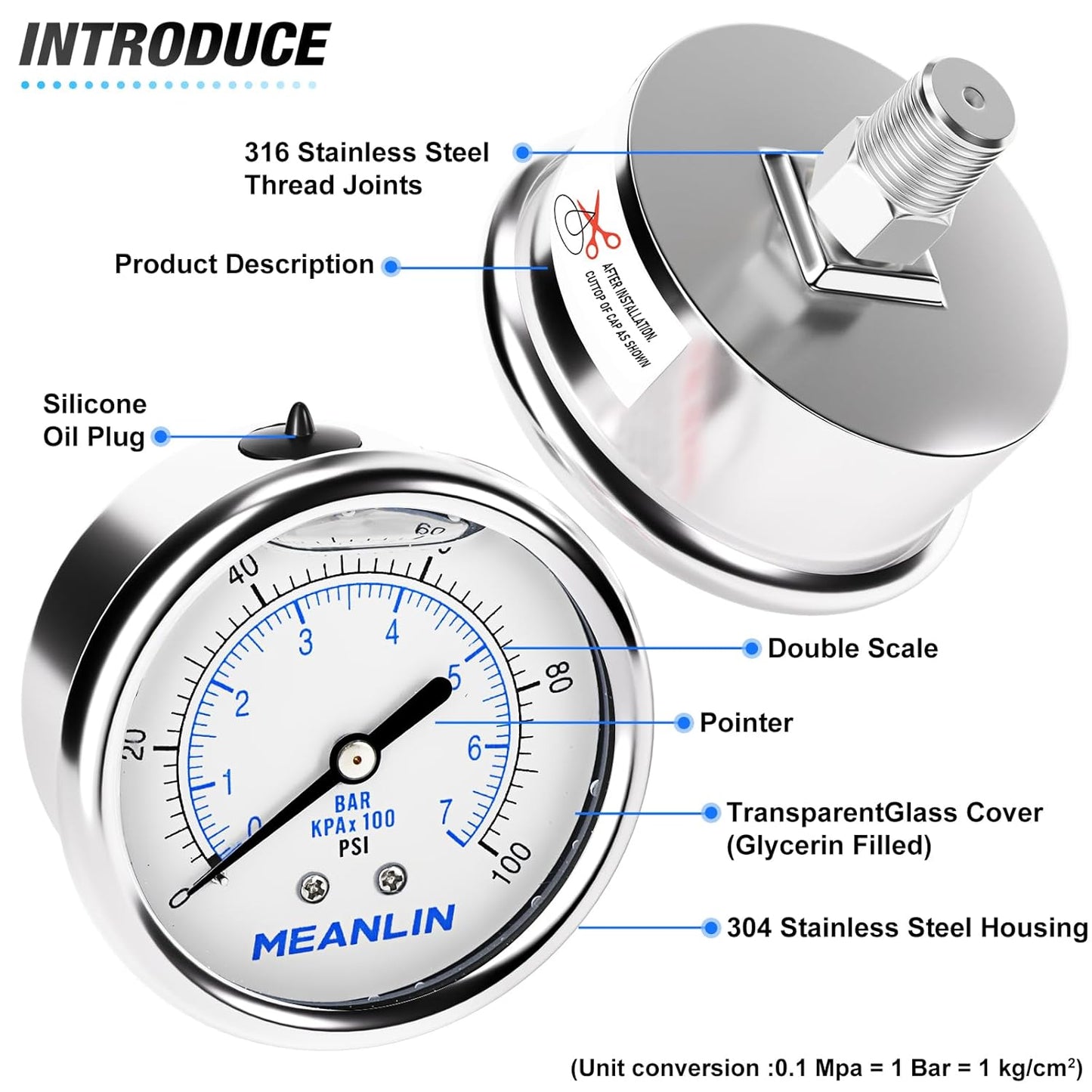 MEANLIN MEASURE 0~100Psi Liquid Filled Pressure Gauge Stainless Steel with 316 Stainless Steel Joint 1/4" NPT 2.5" FACE DIAL for Well Pump Tire Water Pressure Tester Center Back Mount