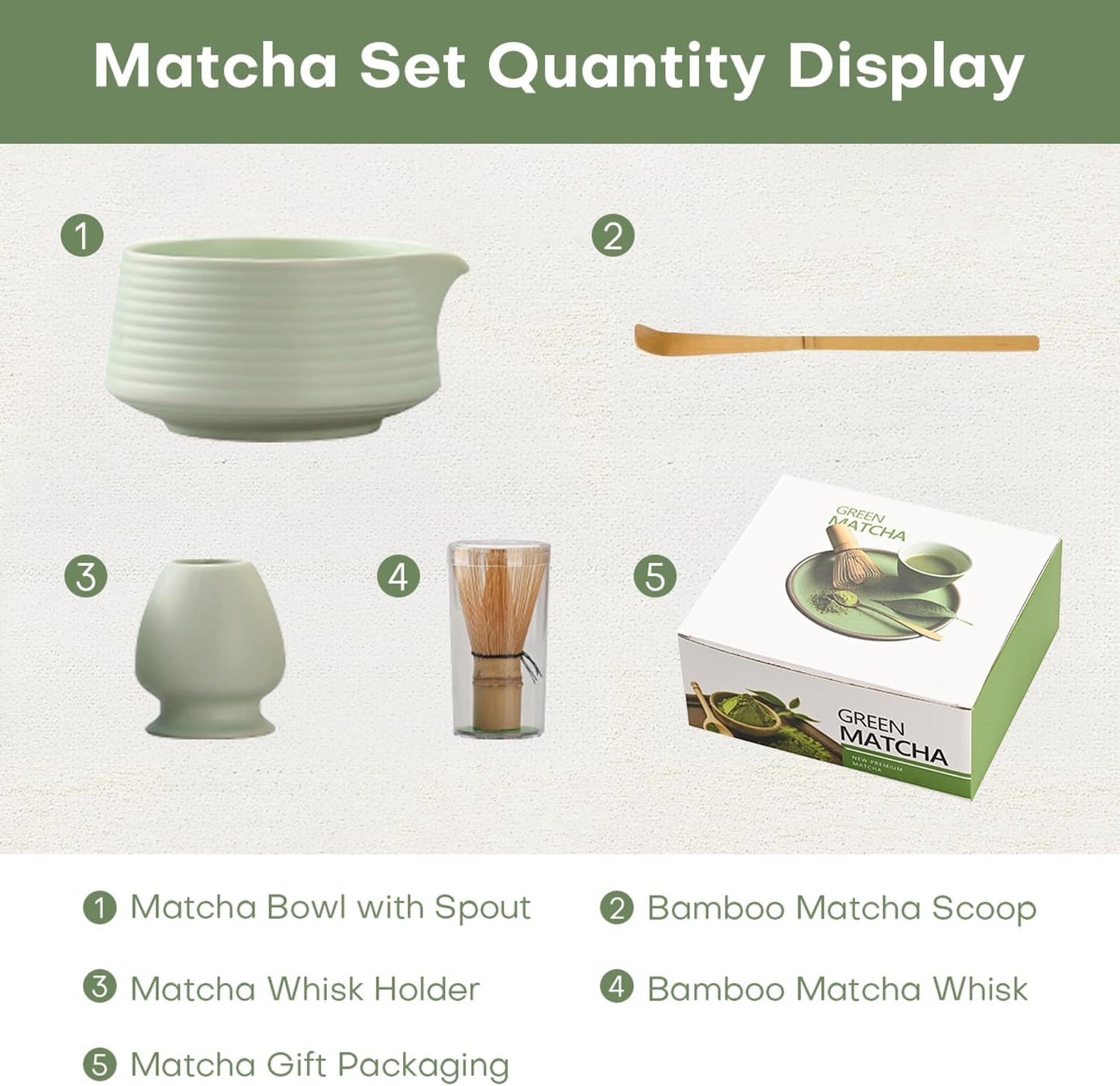 Matcha Whisk Set - 4PCS Matcha Set Includes Matcha Bowl with Spout, Matcha Whisk Holder, Bamboo Whisk and Bamboo Scoop, Ceramic Matcha Kit