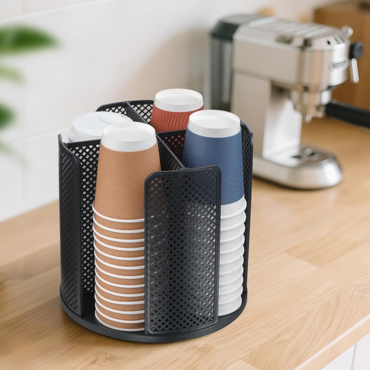 Cup and Lid Organizer, 360° Rotatable Coffee Cup Holder for Disposable Plastic and Paper Cups of 5 to 16 oz, 4 Compartments Detachable Countertop Cup Dispenser Coffee Station, Black
