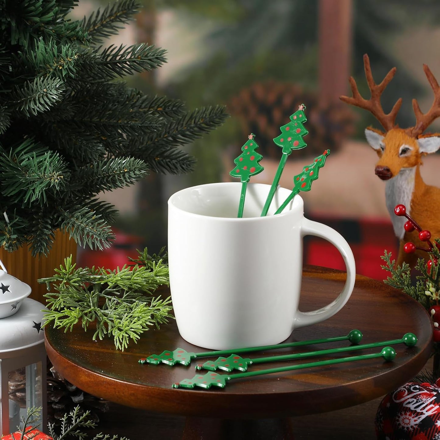30 Pcs Christmas Drink Stirrers Xmas Stir Stick Holiday Coffee Swizzle Stick Reusable Plastic Hot Cocoa Bar Chocolate Decoration Cocktail Mixer(Christmas Tree,Green)