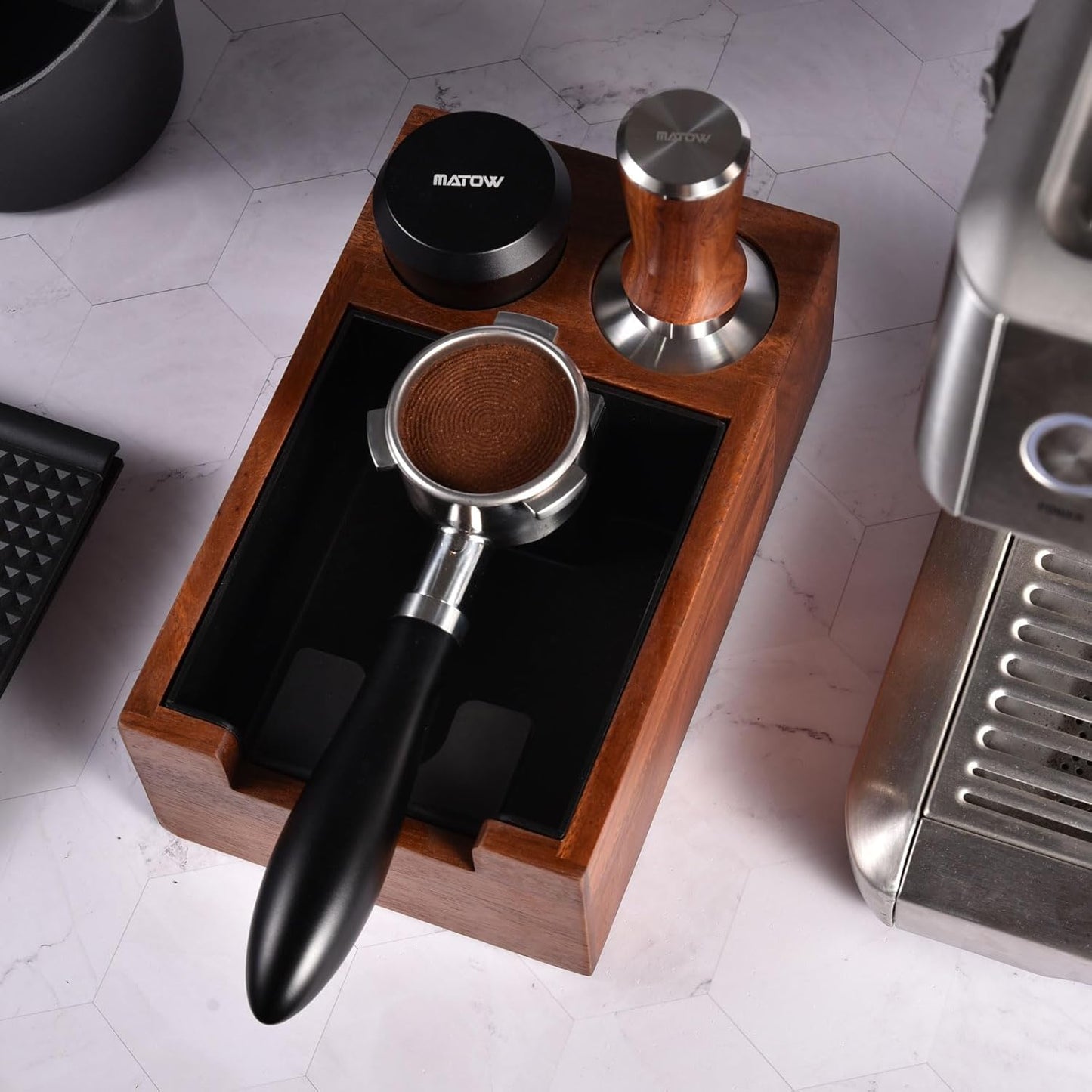 53.3mm Espresso Hand Tamper, MATOW Calibrated Spring Loaded Coffee Tamper with Stainless Steel Ripple Base, 30lbs Espresso Tamper with Red Rosewood Handle Compatible with Breville 54mm Portafilter
