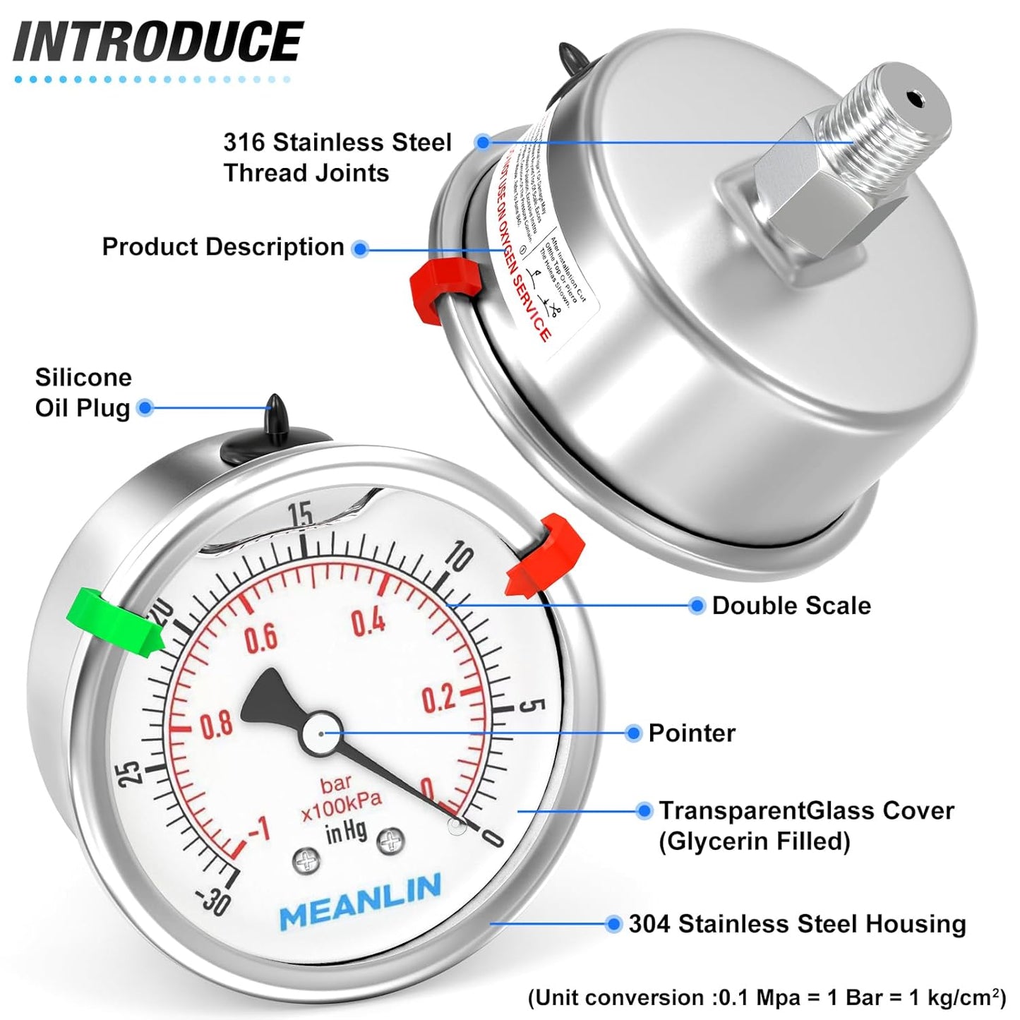 MEANLIN MEASURE -30inHG~0Psi Vacuum Pressure Gauge 316 Stainless Steel Joint 1/4" NPT 2.5" FACE DIAL, Stainless Steel Liquid Filled Pressure Gauge WOG Water Oil Air Back Mount, 2PCS Snaps