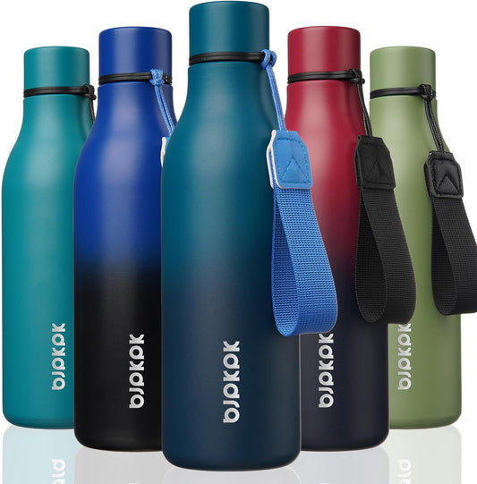 BJPKPK Insulated Water Bottles, 18 oz Stainless Steel Metal Water Bottle with Strap, BPA Free Leak Proof Thermos, Mugs, Flasks, Reusable Water Bottle for Sports & Travel, Sea