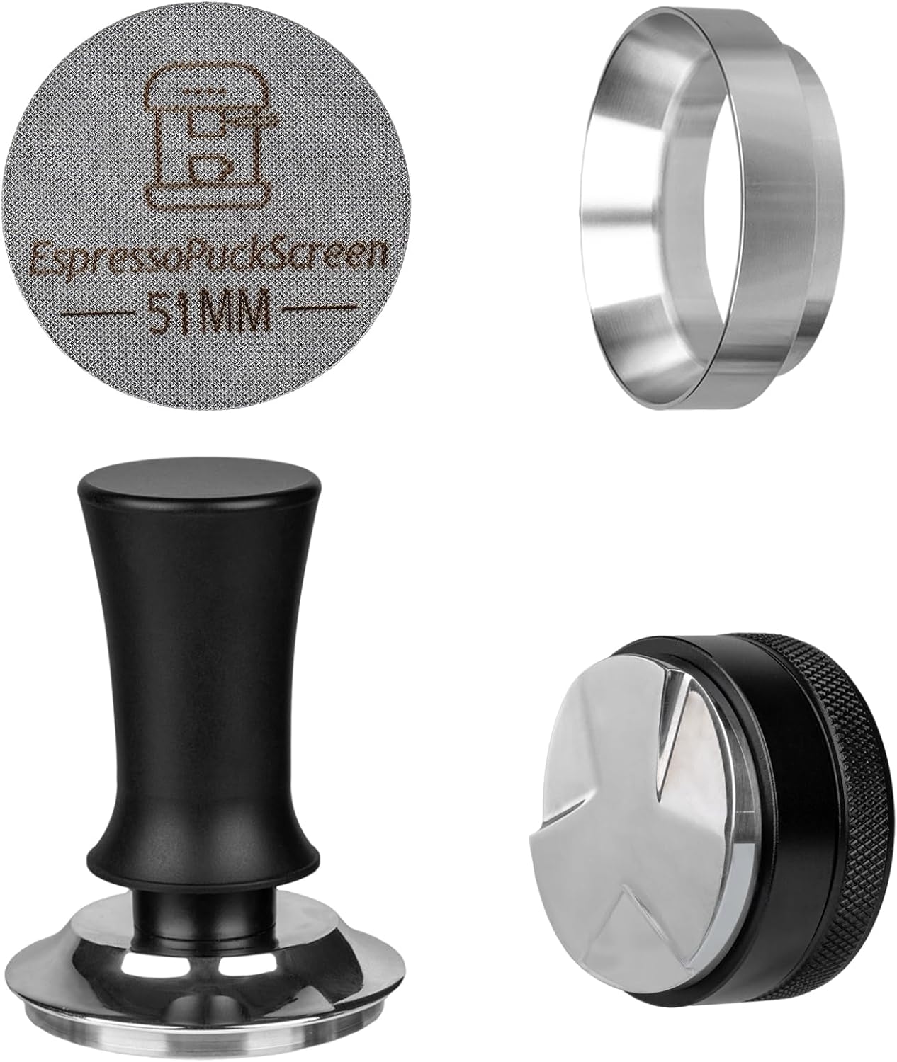 51mm Espresso Tamper Set - Spring-loaded Coffee Tamper, Adjustable Depth Espresso Distributor Leveler, Magnetic Dosing Funnel Aluminum Metal, Reusable Puck Screen, Fit for 51mm Portafilters
