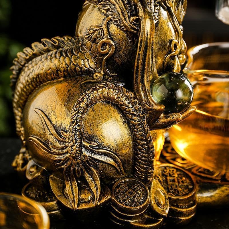 Glass Teapot Set with Infuser Semi Automatic Dragon Tea Set with 6 Small Cups (golden dragon)