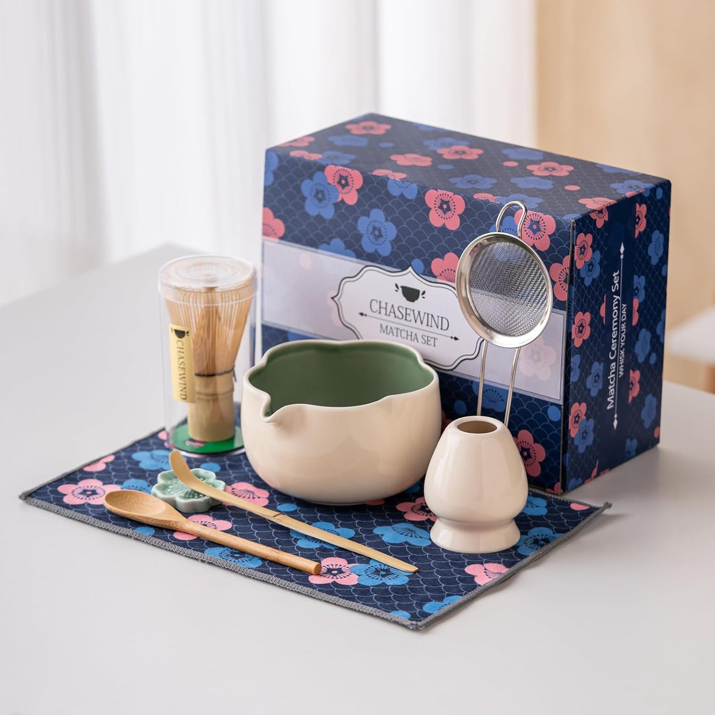 Matcha Set, 8Pcs Floral Ceramic Matcha Set with Matcha Whisk, Holder, Scoop, Scoop Rest, Sifter, Spoon and Tea Towel - Thoughtful Matcha Whisk Set Gift for Matcha Lovers (Beige & Green)