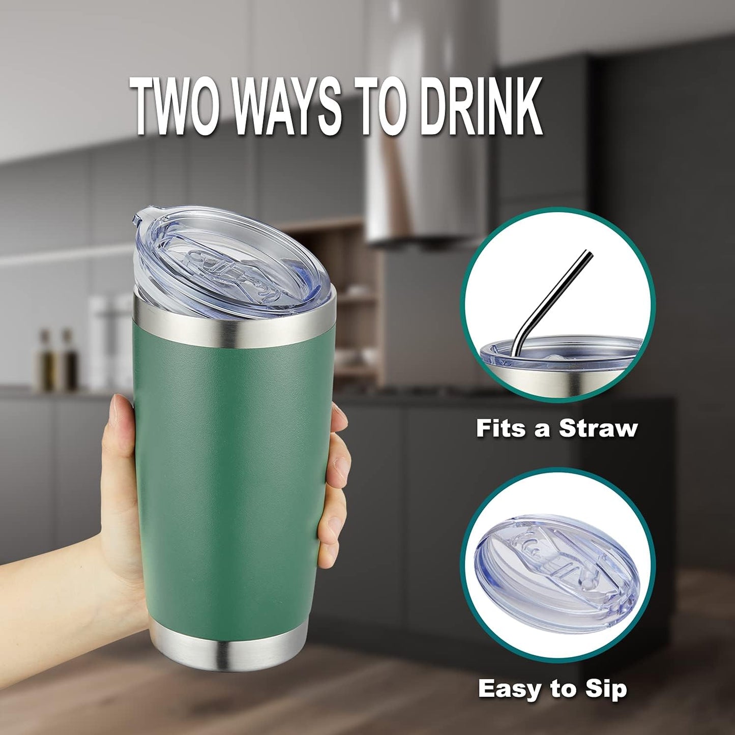 COMOOO 20oz Double Wall Vacuum Insulated Travel Mug Bulk Stainless Steel Tumbler with Lid and Straw Durable Powder Coated Insulated Coffee Cup for Cold & Hot Drinks Green 12 pack