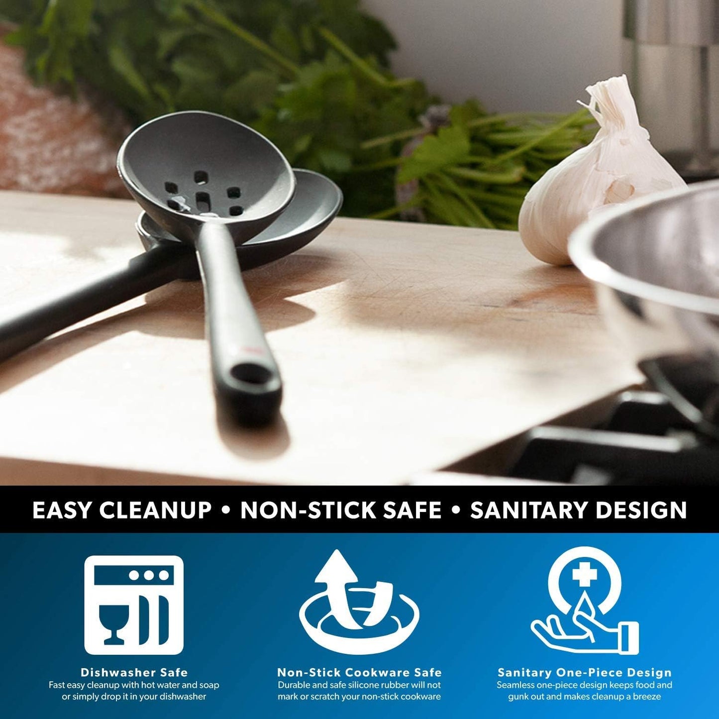 DI ORO Silicone Slotted Spoon - High Heat Silicone Spoon for Cooking & Serving - 600F Nonstick Safe - Dishwasher Safe (Black)