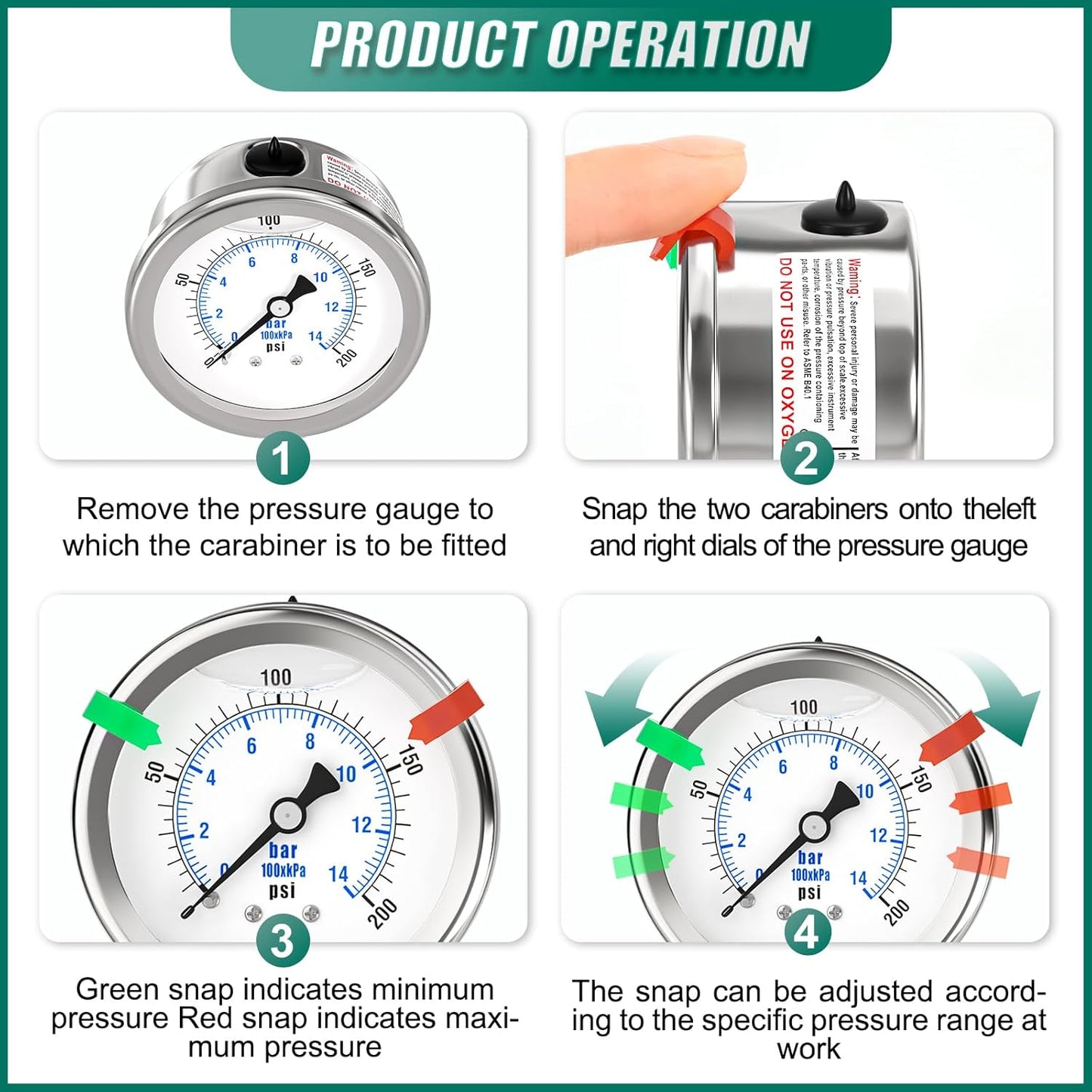0-200PSI Stainless Steel Liquid Filled Pressure Gauge, 2.5" Dial Size, 1/4" NPT 316 Stainless Steel Joint, Back Mount, for Tube, Water Pump, Gas, Liquid (with Range Mark Pointer)