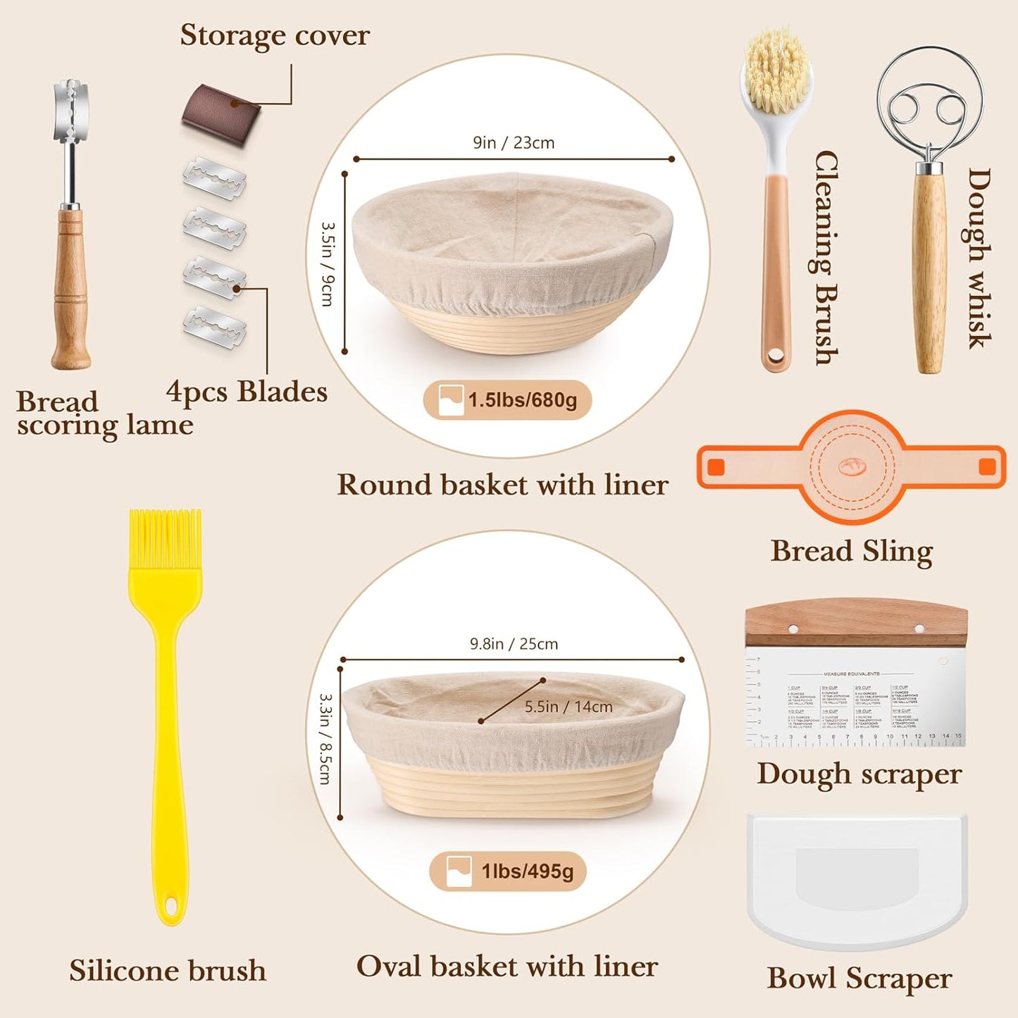 TeamFar Sourdough Bread Baking Supplies, 9” Round and 10” Oval Sourdough Starter Kit, Proofing Basket Set with Cloth Liner, Bread Lame, Whisk Dough, Bowl Scraper, Brush