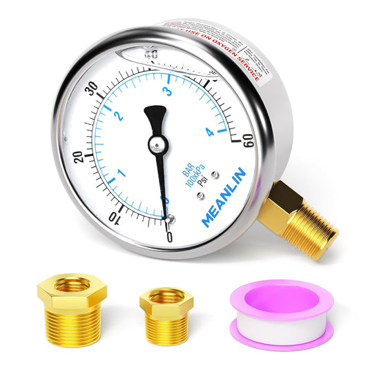MEANLIN MEASURE 0~60Psi Stainless Steel 1/4" NPT 2.5" FACE DIAL Liquid Filled Pressure Gauge, Pool Sand Filter Pressure Test Lower Mount, with 1/2" NPT and 3/8" NPT Hex Bushing