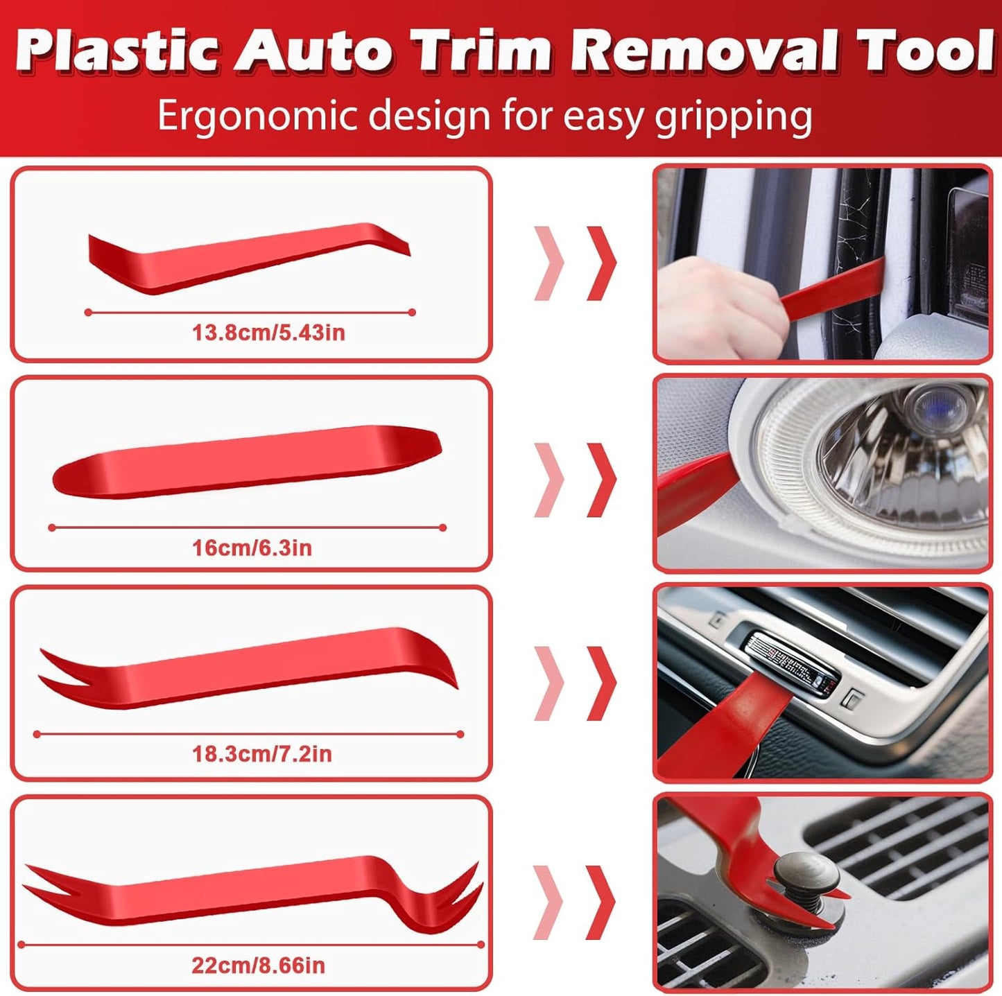 17Pcs Mechanic Hook and Pick Tool Set & Car Trim Removal Kit with Fastener Clip Pliers,Rivet Puller,Magnetic Pickup,Gasket Scraper,Non-Scratch Plastic Pry Tools for Automotive Repair-Red