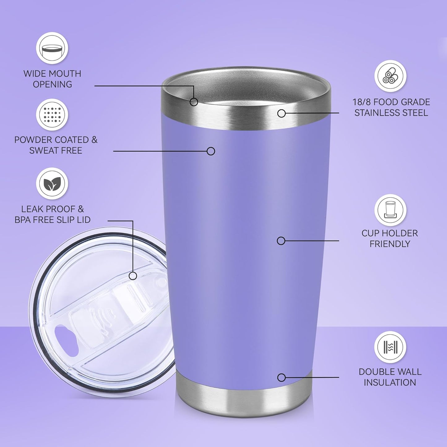 20 oz Tumbler Stainless Steel Tumblers Bulk with Lid Double Wall Insulated Coffee Tumbler Cups for Hot & Cold Drinks Powder Coated Travel Coffee Tumbler Mug Metal (Lavender, 1 pack)