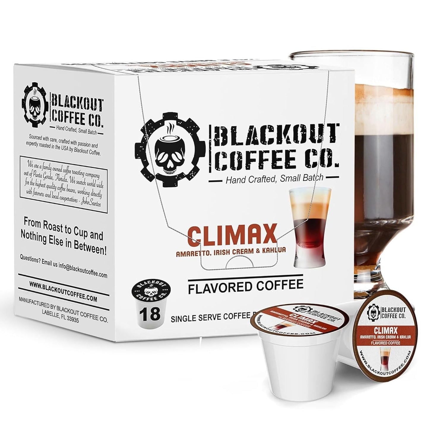 Blackout Coffee Climax Amaretto, Irish Cream & Kahlua Flavored Pods - Freshly Roasted in the USA - K-Cup Compatible Single-Serve Pods (18 Count)