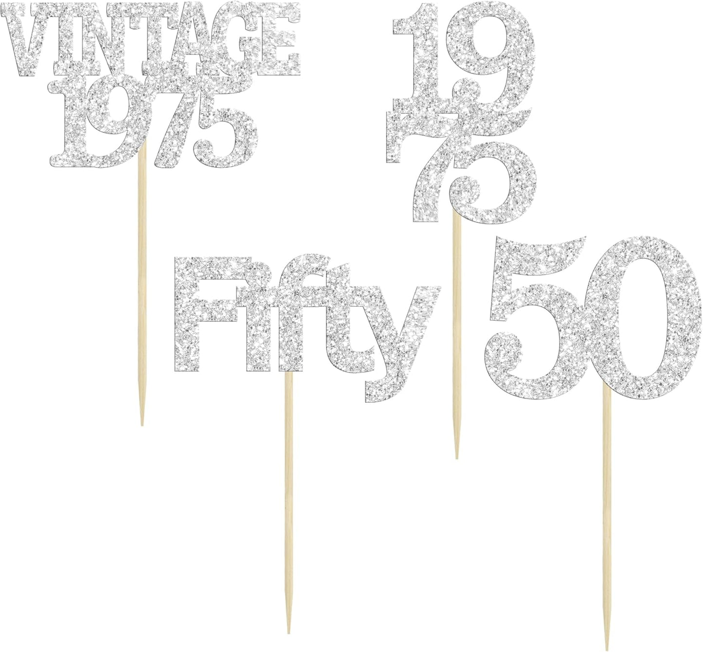 Gyufise 24Pcs 50th Birthday Cupcake Toppers Cheers to 50 Fabulous Fifty Vintage 1975 Cupcake Picks 50th Birthday Wedding Anniversary Party Cake Decorations Supplies Silver
