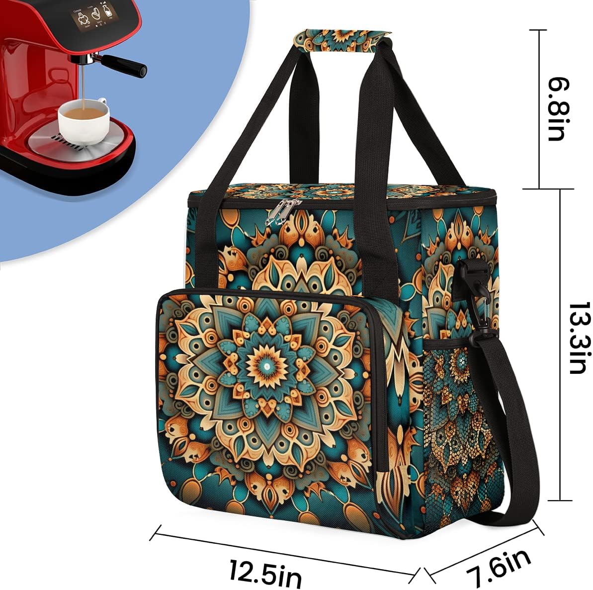 Ethnic Mandala Floral Flowers Coffee Maker Carrying Bag, Coffee Machine Travel Storage Bag Compatible with K-Mini or K-Mini Plus, Portable Single Serve Coffee Brewer Case with Pockets for K-Cup Pods