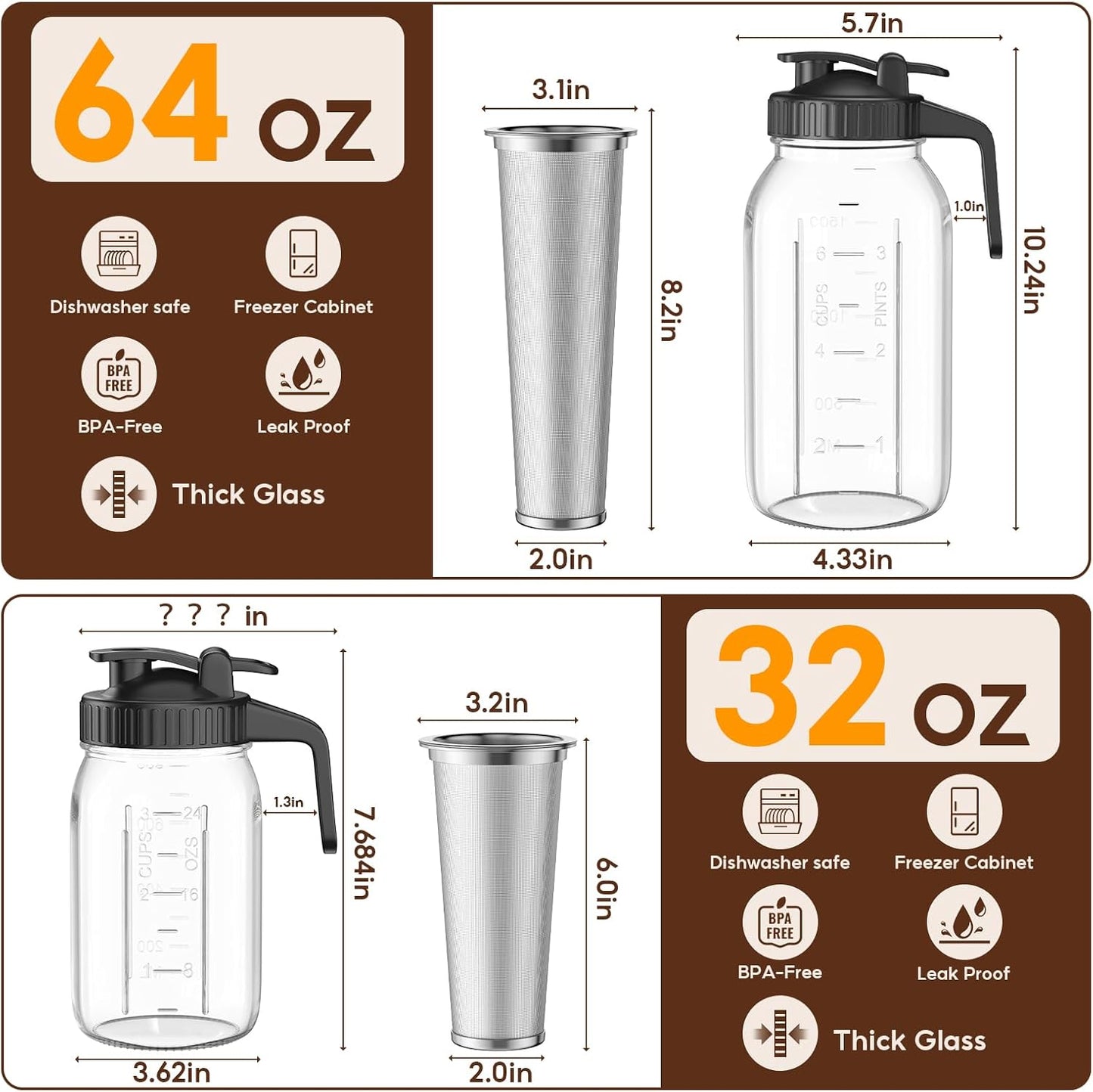 Cold Brew Coffee Maker Jar - 2 Pack 64 oz/32 oz Glass Cold Brew Maker with Handle, Stainless Steel Filter & Leak-Proof Lid, Heavy Duty Cold Brew Pitcher for Iced Coffee, Sun Tea, and Milk