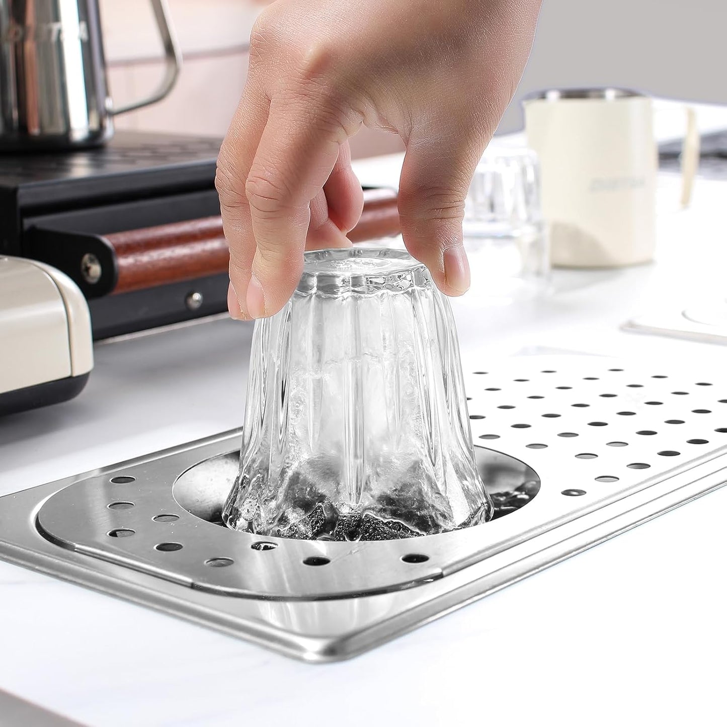 DIBTSA Pitcher Rinser, Espresso Rinser, Drain and Drip Tray, Stainless Steel Bar Glass Rinser for Sink, Cup Washer Spray Rinser for Home Kitchen Hotel Cafe Restaurant (12.8 x 6.9 x 0.9 inch,Silver)