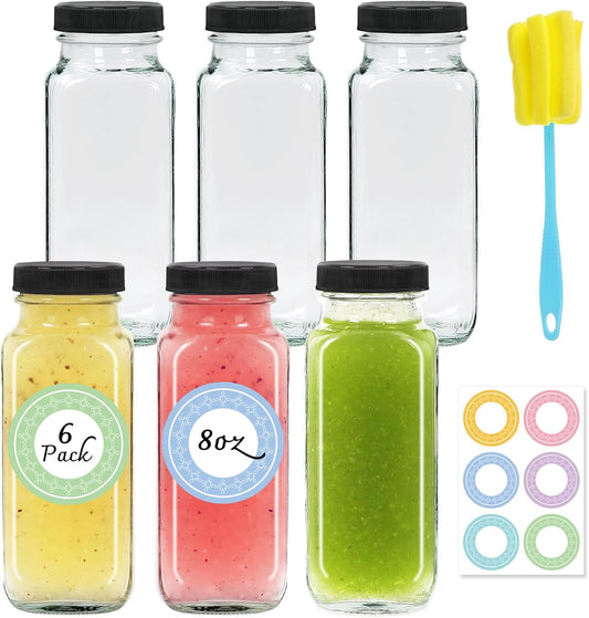 6 pack 8 oz Glass Juice Bottles with Lids, 250 ml Reusable Glass Water Bottles, Empty Drink Containers Drinking Jars with Brush, for Milk, Juicing, Kombucha, Ginger