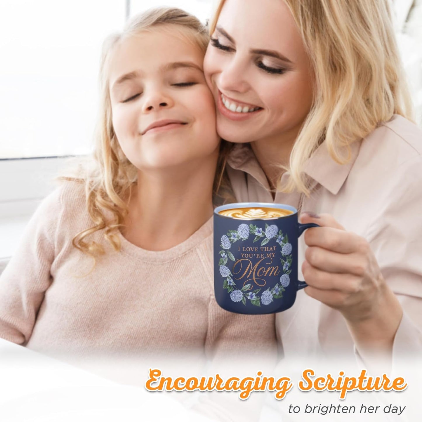 Christian Art Gifts Large Ceramic Inspirational Coffee & Tea Scripture Mug for Mothers: I Love that You're My Mom, Proverb Bible Verse, Cute Novelty Golden Beverage Cup, Purple & Blue Floral, 14 oz.