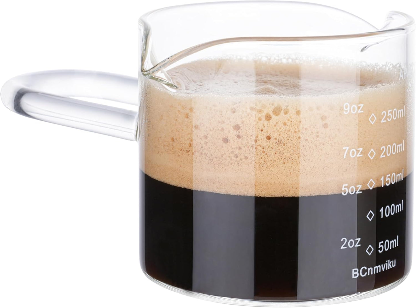 BCnmviku 250ML/8.5OZ Espresso Glass Measuring Cup Triple Pitcher Milk Cup Espresso Cups with U-shape Handle Espresso Shot Glass with V-Shaped Mouth Clear Accessories Milk Frothing Pitcher (1)