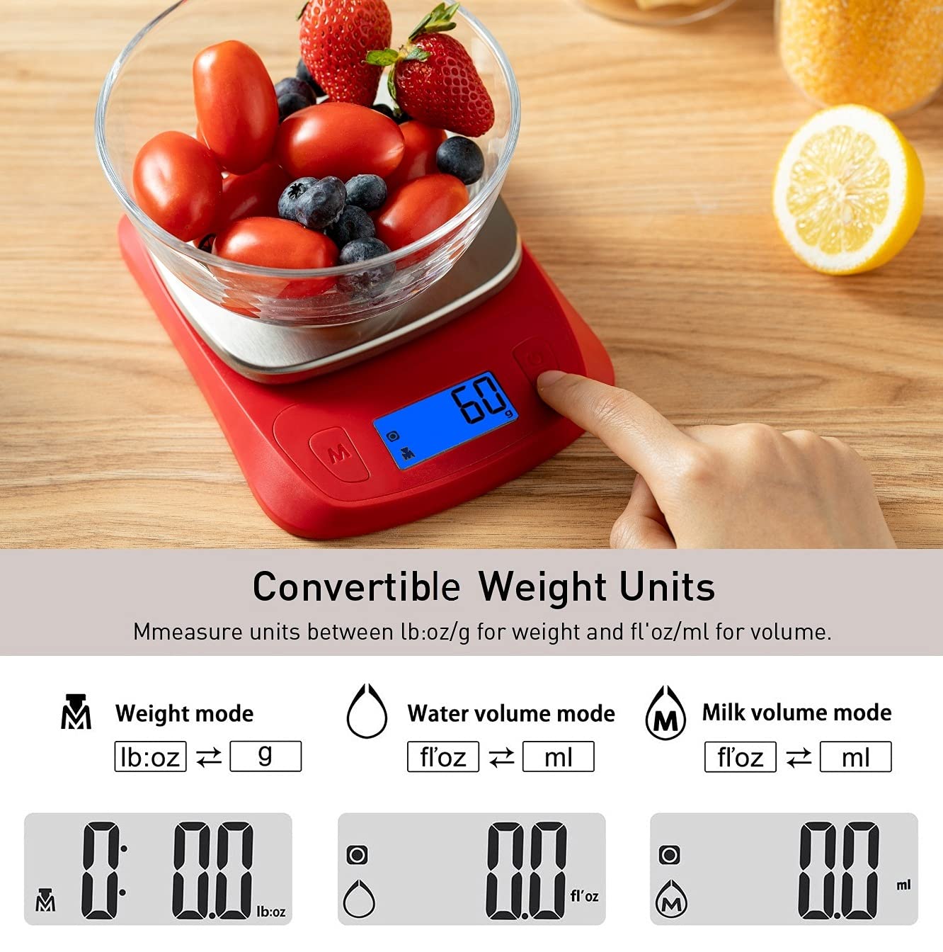 NUTRI FIT Ultra Slim Food Scale Digital Kitchen 1g Increment Measure in lb oz ml High Precision Weight in Grams and oz for Coffee Making, Meal Prep - Red/Stainless Steel