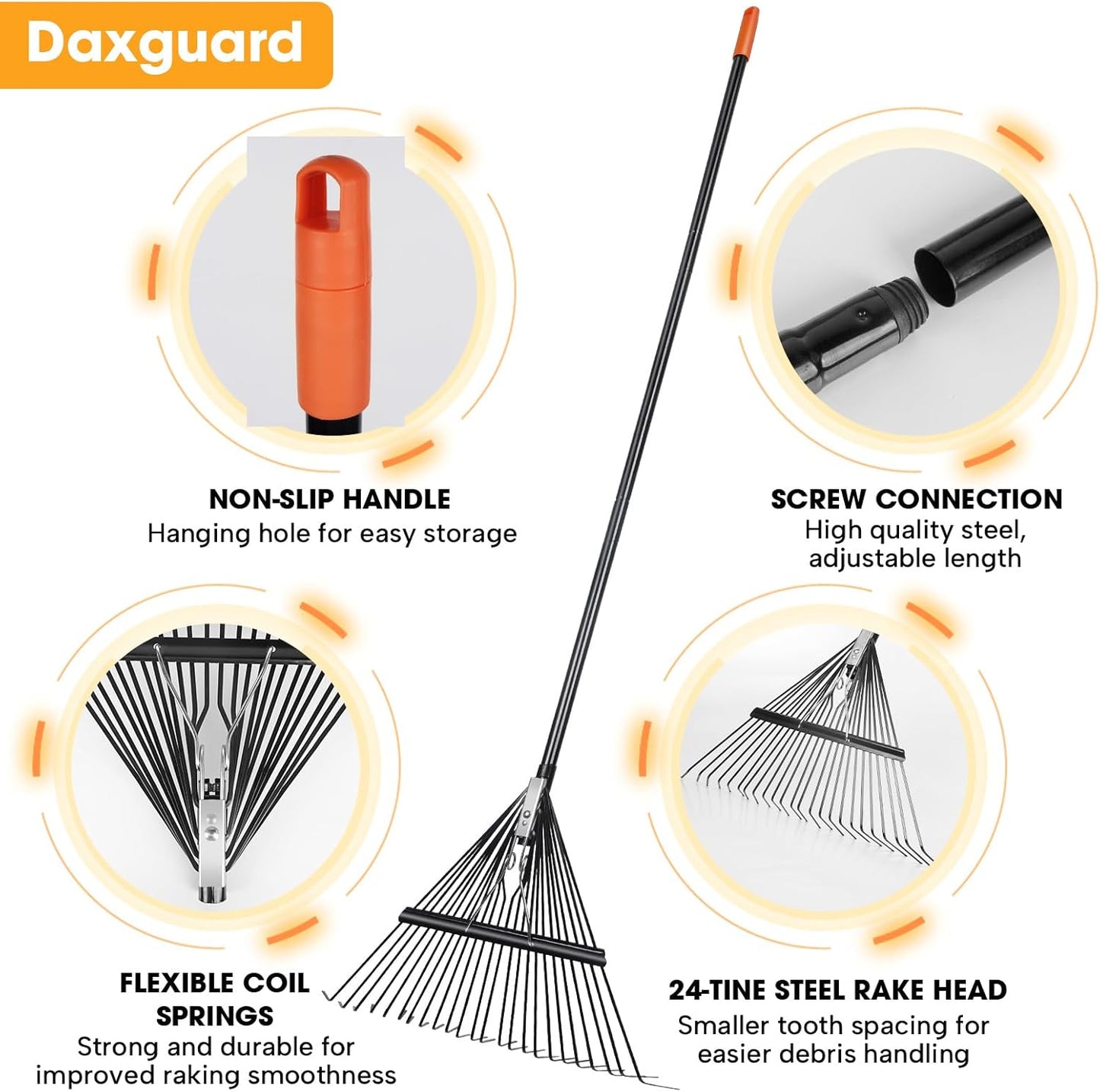 42 HRC Steel Gardening Leaf Rake, 24 Tines 23.2" Wide,Adjustable Split Long Handle 33-67",Suitable for Raking Leaves and Lawn Tidying,Garden rake and thatch rake Suitable for Adults（2 Pack