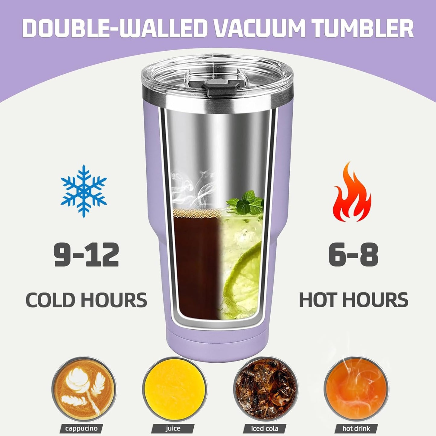 30 oz Tumbler with Lids and Straws, Stainless Steel Insulated Coffee Tumbler, Double Wall Vacuum Insulated Travel Mug Cup, Leakproof Thermal Coffee Cup for Hot and Cold Drinks (Light Purple)