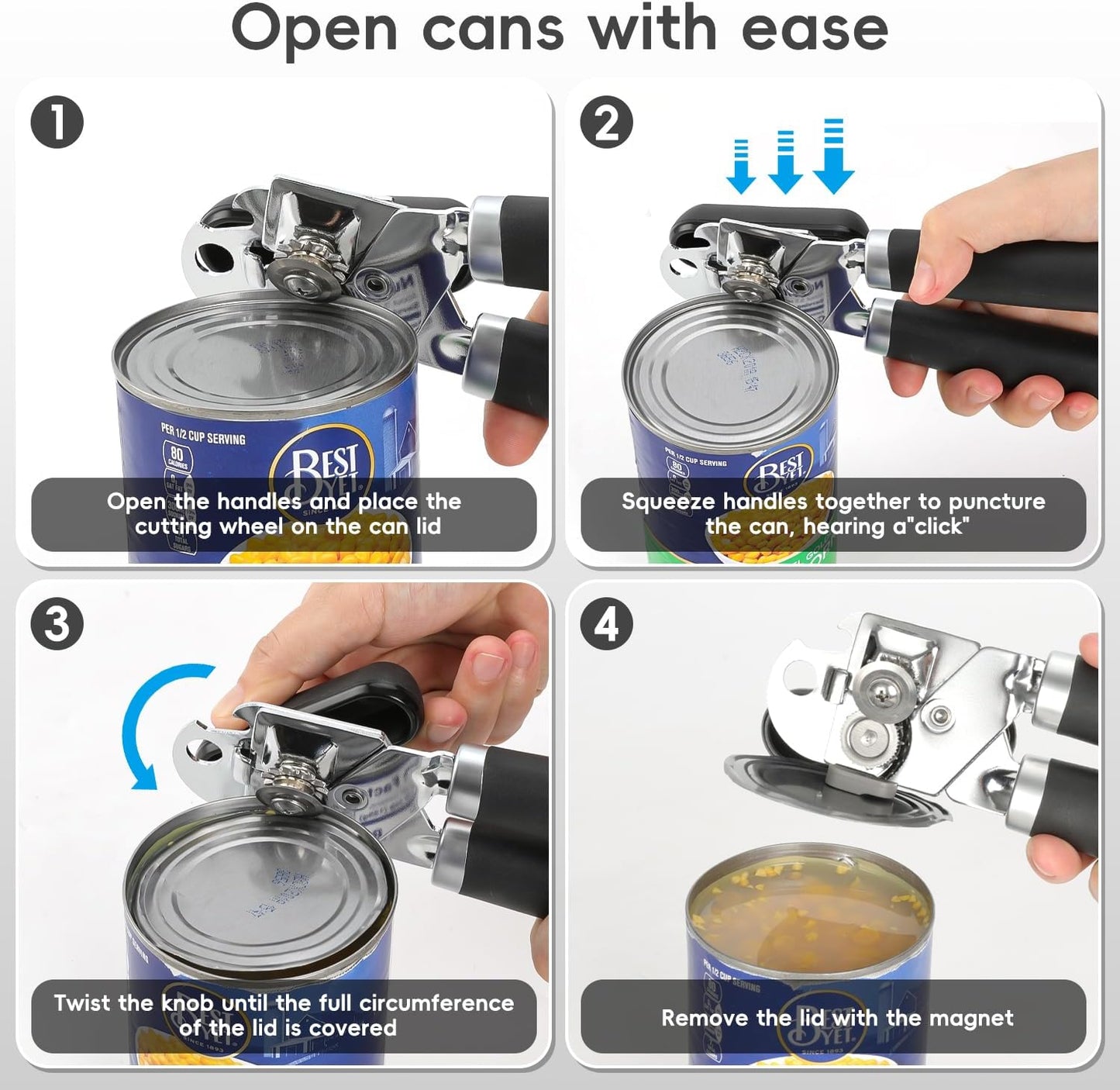 Can Opener Manual, UHIYEE Hand Held Manual Can Openers Heavy Duty with Smoother Cut Sharp Blade, Manual Hand Can Open with Soft Handle, Easy to Turn Knob, Magnetic Lid Lifter, Black