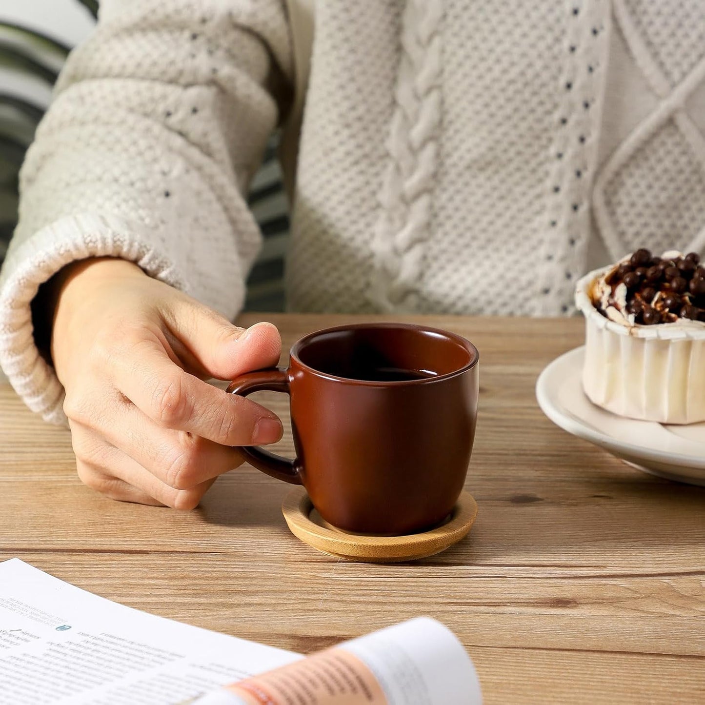 Hasense Stackable Porcelain Mini Espresso Cups and Saucers Set of 6, 4 OZ Ceramic Small Demitasse Espresso Shots Cups with Lids for Nespresso Lungo, Latte, Cafe Mocha and Tea, Brown