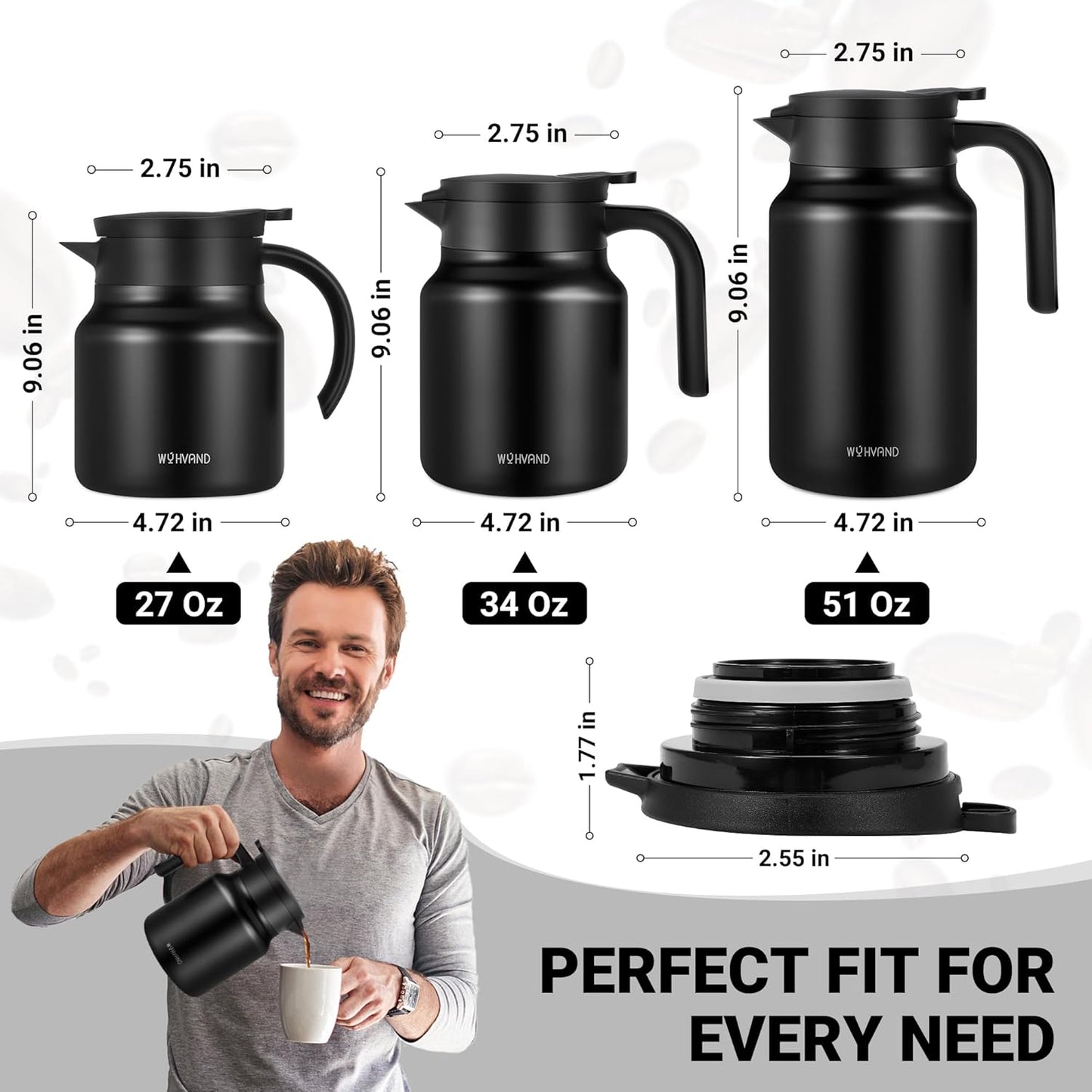 27Oz Thermal Coffee Carafes For Keeping Hot/Cold, Stainless Steel Coffee Carafe, Dustproof Insulated Water Carafe for Party/Home,Black