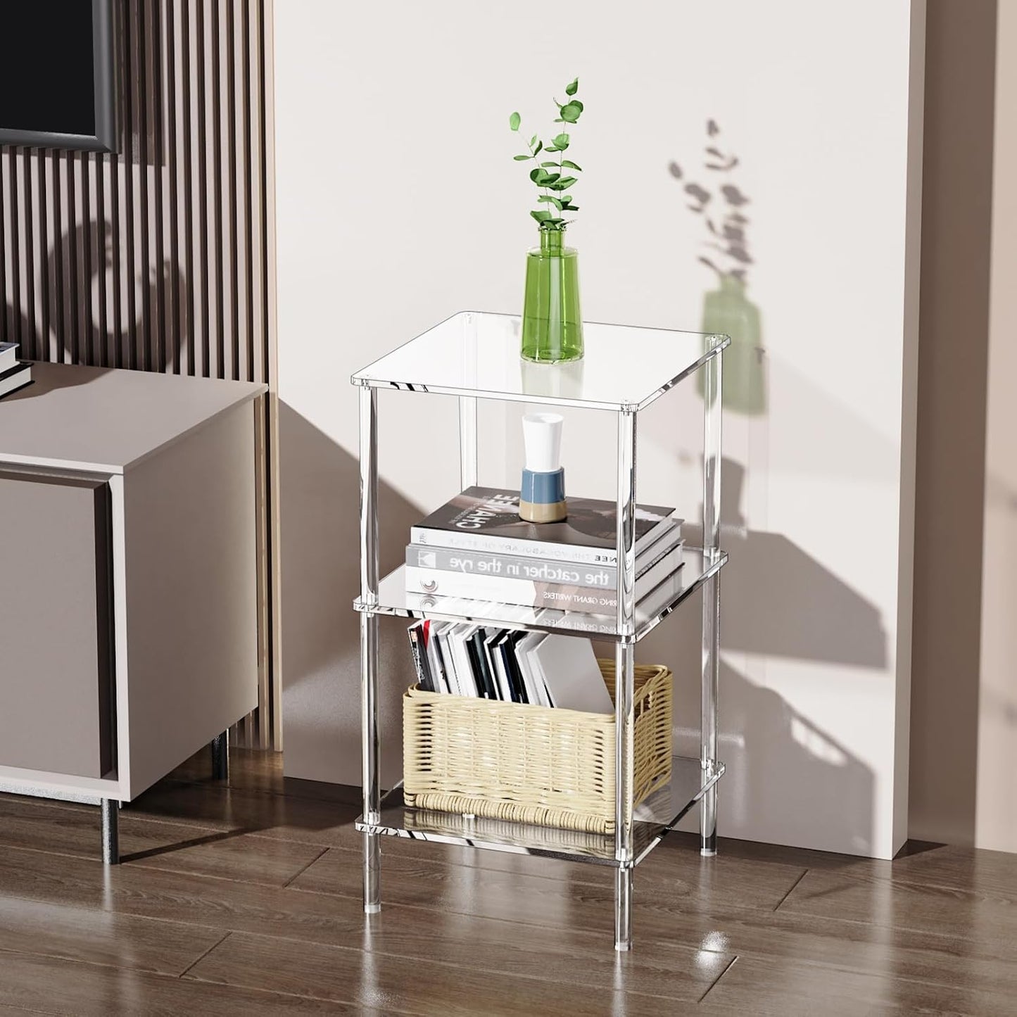 Acrylic Side Table Clear 3-Tier End Table for Living Room, Office, Hallway, Bedroom Small Bedside Table (8mm 13.1'' Wide)