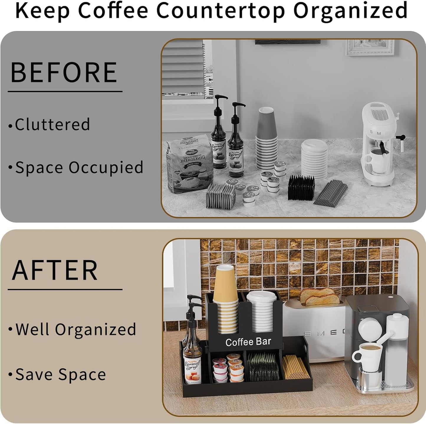 Coffee Station Organizer, Wooden Coffee Bar Organizer for Countertop, Condiment and Cup Storage Organizer, Bar Accessories for Kitchen, Office, Home, Black