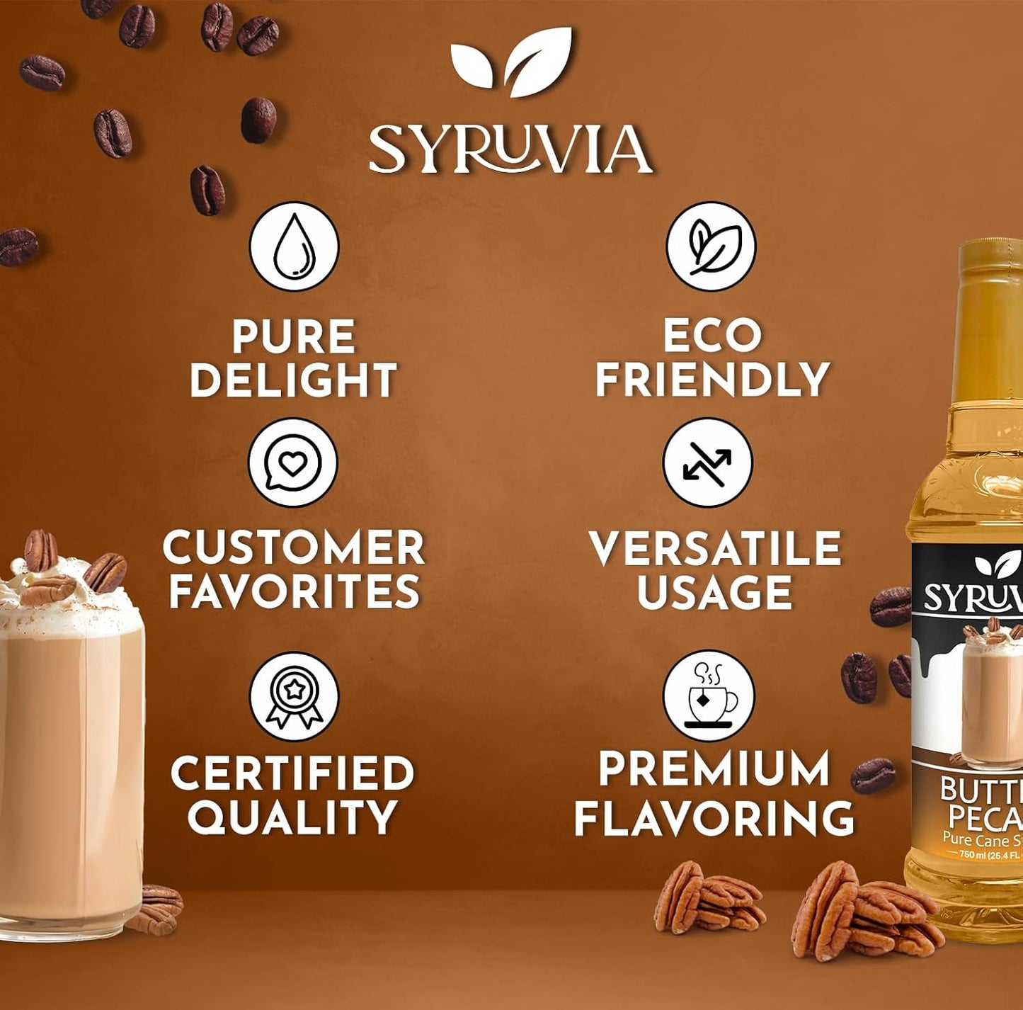Syruvia Butter Pecan Syrup For Coffee 25.4 Oz. - Kosher & Gluten Free, No Coloring, Perfect for Drinks, Soda, Shakes, Desserts, and More.
