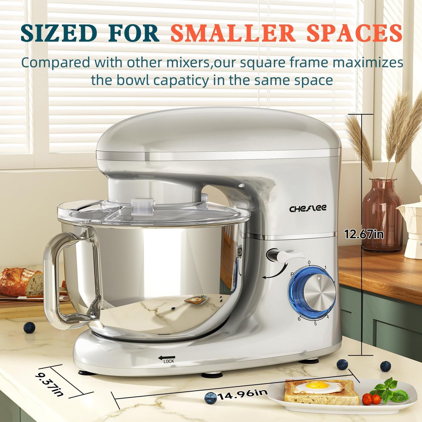 CHeflee Stand Mixer,660W 6+P With 6.5QT Stainless Steel Bowl,Dough Hook, Wire Whip & Beater,for Most Home Cooks,Silver