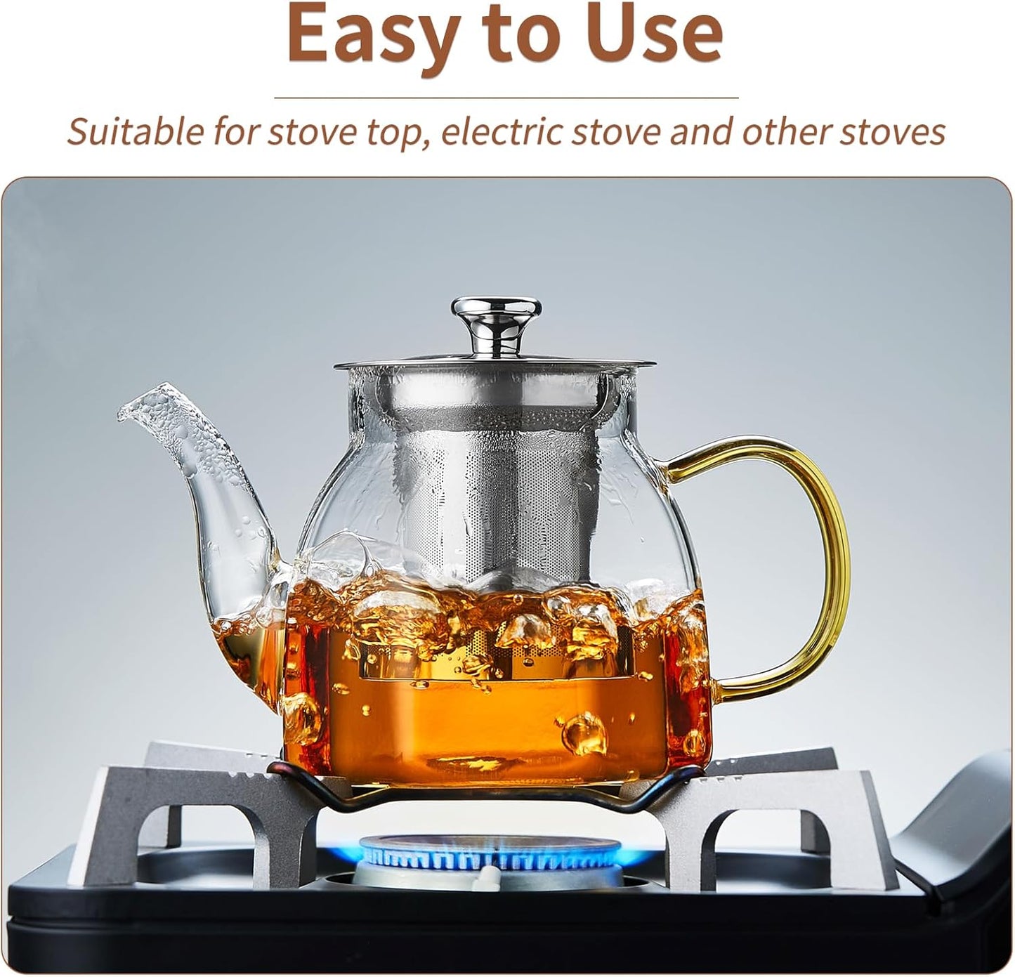 Glass Tea Pot with Stainless Steel Infuser and Lid (Octagonal), Clear Glass Teapot, Borosilicate Hydrochloric Glass Heat Resistant, Fine Glass Filter for Flower Tea, Tea Bags (27 oz / 800 ml)