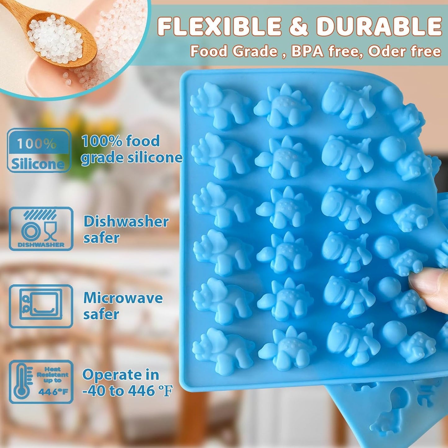 HKNMTT Gummy Dinosaur Molds Silicone, Mini Cute Dinosaur Shaped Candy Chocolate Molds With 2 Droppers, 4 Pack 192 Cavities Non-stick BPA free Bite Size Animal Kid Molds, DIY Candy Making Kit