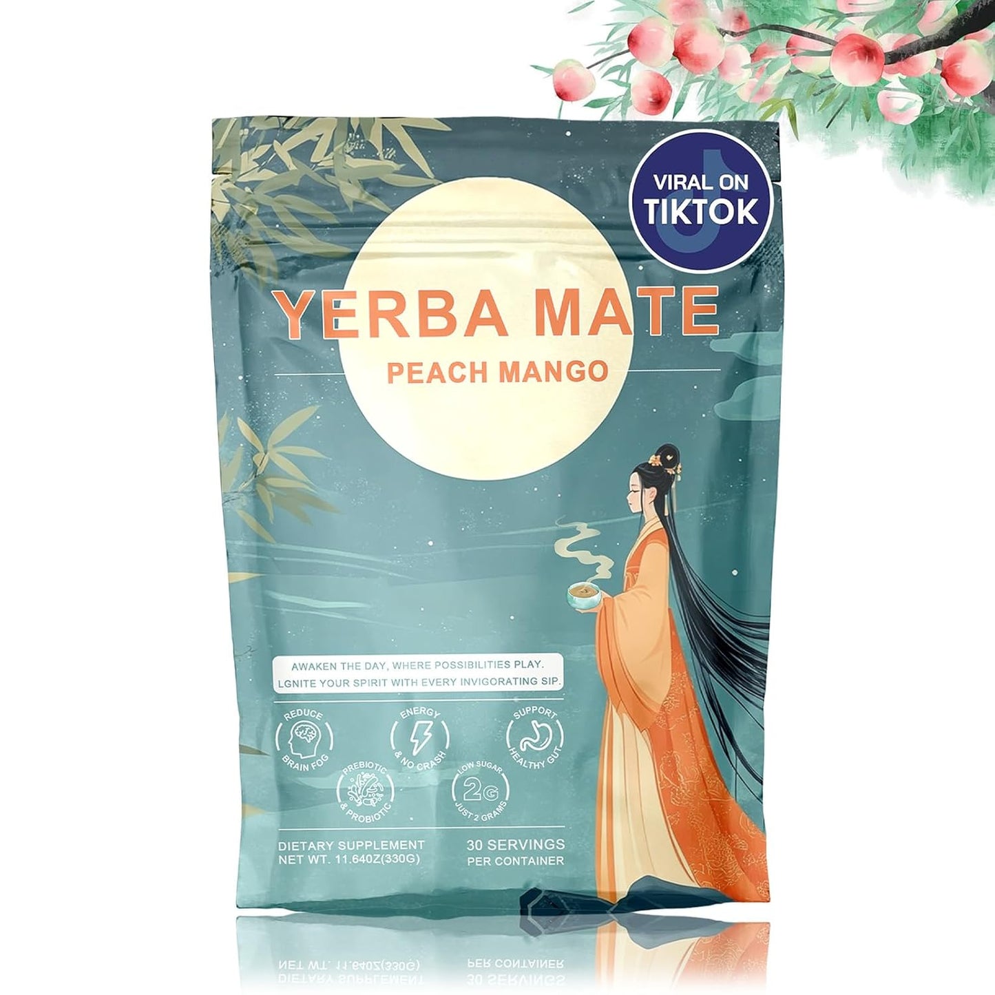 Yerba Mate Instant Tea Powder, 3-in-1 Super Drink - Clean Energy, Brain Fog Buster | Pure Natural Extract, Focus and Gut Health Support, Yerba Mate Peach Mango 0.72 lb