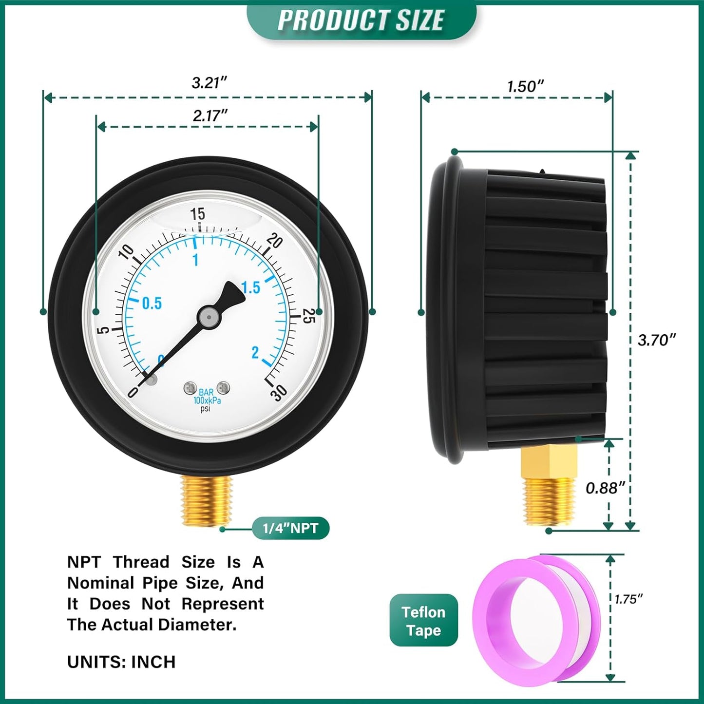 0-300PSI Stainless Steel Liquid Filled Pressure Gauge, 2.5" Dial Size, 1/4" NPT Lower Mount, with Rubber Protective Sleeve, for Tube, Water Pump, Gas, Liquid, Pressure Test
