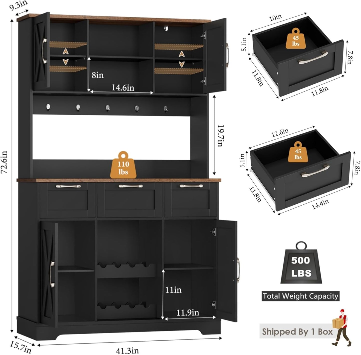 HIFIT 72" Large Kitchen Pantry Storage Cabinet with Barn Doors & Shelves, Farmhouse Tall Kitchen Hutch Wood Bar Cabinet w/3 Drawers, Microwave Stand, Cupboard Wine Rack for Dining Room, Pantry, Black