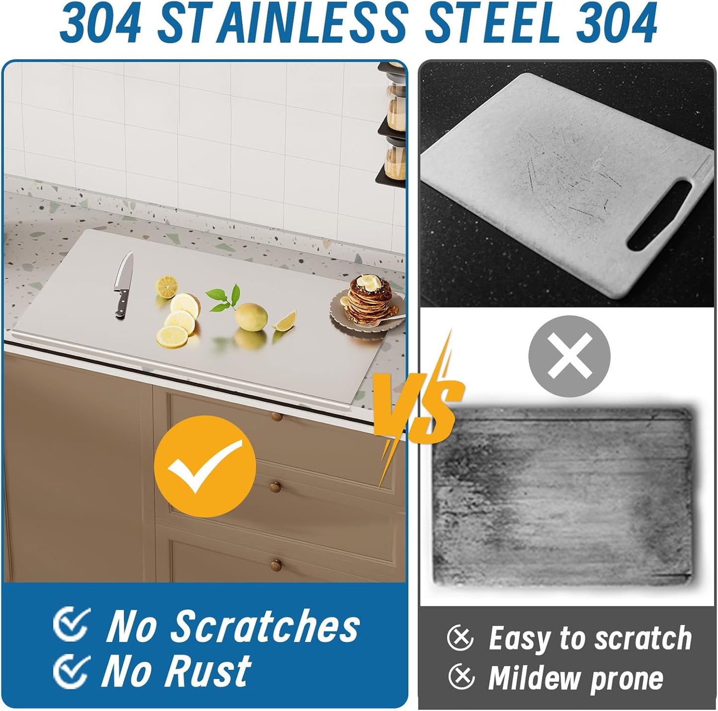 304 Stainless Steel Cutting Board with Rolling Pin&Non-Slip Mat, Cutting Chopping Boards with Lip Large Heavy Duty Baking Board for Meat Vegetables Fruits Cheese Bread Pastry- 35.4”L x 19.7”W