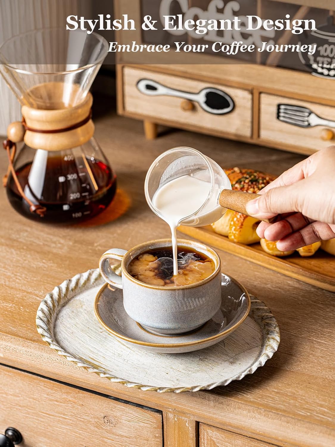 Gomakren 6 Ounce Cappuccino Cups with Saucers and Metal Stand, Stackable Coffee Cup Set of 4, Porcelain Espresso Cups for Coffee Drinks, Cappuccino, Latte, Americano, Tea, Gray