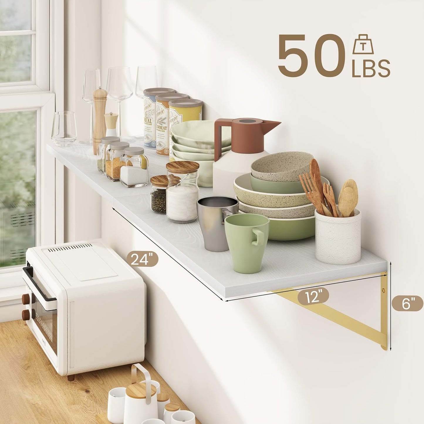 Dreamland Gold Shelves for Wall, White Wood Wall Mounted Shelves, Large Floating Shelf 12 * 24 inch Set of 2 for Bookshelf Living Room Bedroom Home Office Bathroom