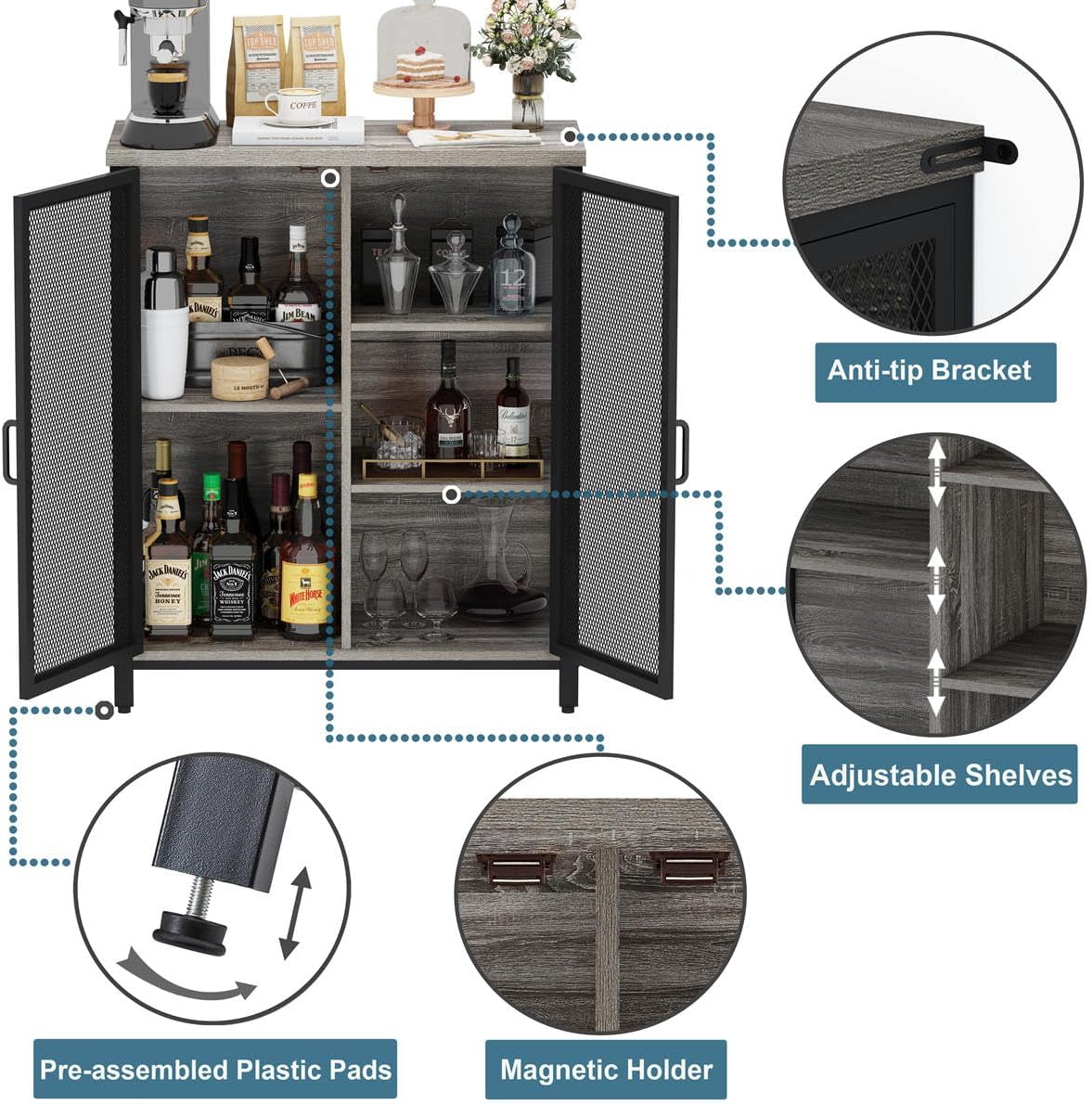 BON AUGURE Small Coffee Bar Cabinet for Liquor, Farmhouse Storage Cabinet with Doors, Wood Sideboard Buffet Cabinets for Home Kitchen, Dining Room, Living Room (Dark Grey Oak)
