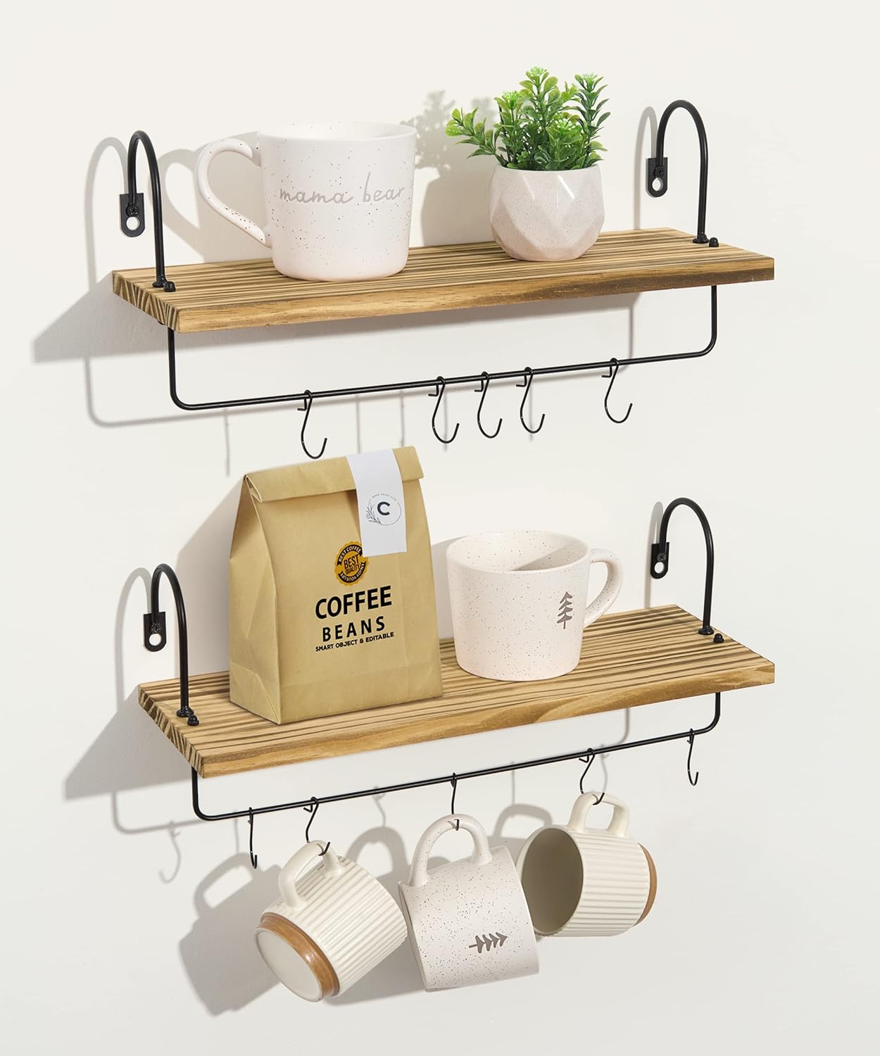 Floating Shelves with Hooks, Wall Mount Mug Holder Coffee Bar Accessories Wood Kitchen Organizer Storage with Towel Rack for Bathroom Set of 2