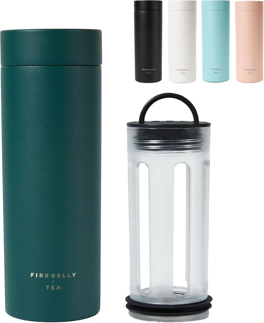 Firebelly Tea, Travel Tea Infuser Mug with Strainer, Insulated Tumbler for Loose Leaf Tea or Coffee, Leakproof Bottle for Hot or Iced Drinks, Stainless Steel Thermos with Lid, Forest