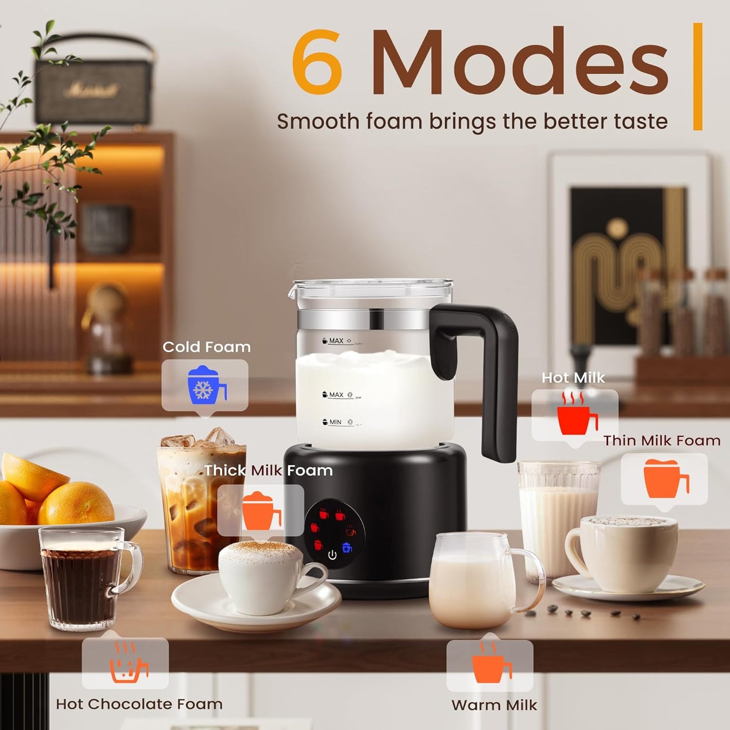 Milk Frother and Steamer, 6 in 1 Milk Steamer and Milk Warmer, 17oz Auto Shut Off Electric Frother with Touch Screen, Hot/Cold Foam Maker for Coffee, Latte, Cappuccino, Hot Chocolate